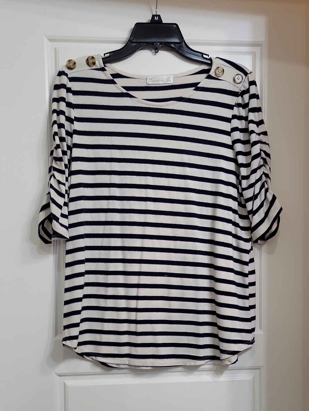 Madison Navy & White Striped Short-Sleeve Top with Shoulder Buttons
